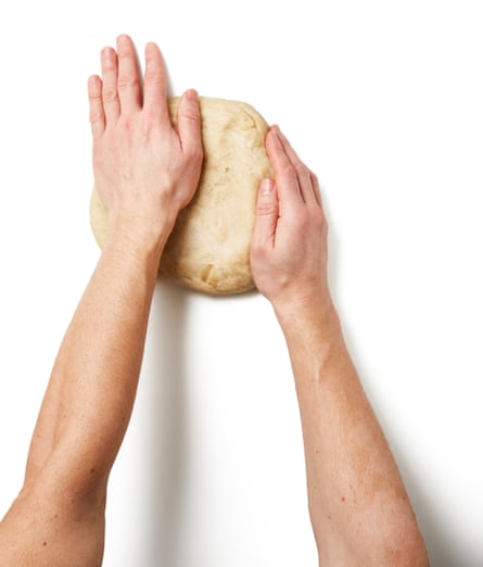 Put the flour and salt in a large bowl. Pour in the liquid, stir to combine, then tip out on to a clean work surface and, as soon as it’s cool enough to handle, knead to a smooth dough.