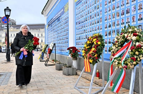 Yellen arrives to lay flowers to a Memory Wall of Fallen Defenders of Ukraine during her visit to Kyiv.