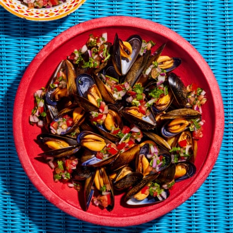 Grilled mussels, lime-pickled onions and tomato salsa. Prop styling: Ellis Parrinder. Food styling: Sarah Hardy.