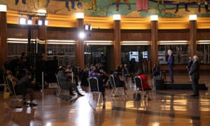 Audience members observe a social distance while listening to Biden deliver remarks at a Voter Mobilization Event campaign stop at the Cincinnati Museum Center at Union Terminal in Cincinnati.