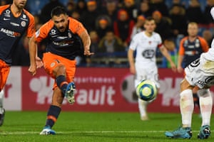 Montpellier’s French forward Gaetan Laborde (centre) scores in teh 4-0 win over Brest.