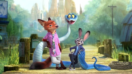 Judy Hopps and Nick Wilde lean on a snake