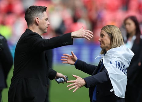 Manchester United manager Marc Skinner and Chelsea manager Sonia Bompastor after Chelsea v Manchester United FA Cup Final 2024-25.