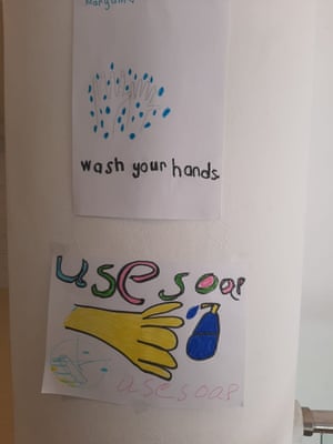 Posters made by children in the overcrowded Vathy refugee camp on Samos.