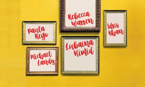 Frames with the artists' names in them hanging on a wall