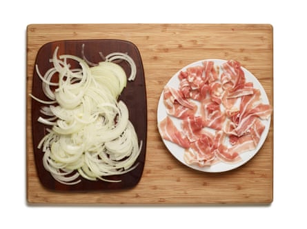 Felicity Cloake’s Flammekuche 1. Choose toppings and chop up the onion.