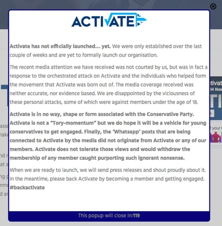 Pop-up on the Activate website claiming the group is yet to launch