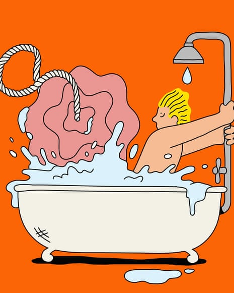 Illustration of person in bath with shower dripping