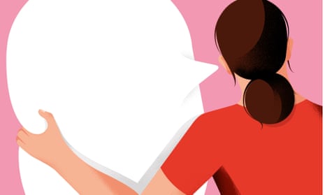 An illustration of the back of a woman in a red top and with dark hair tied back, holding a large white speech bubble to her ear. Pink background
