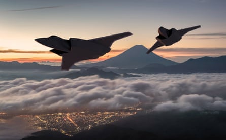 An artist's impression of two next-generation fighter jets flying in the airspace near Mount Fuji in Japan.