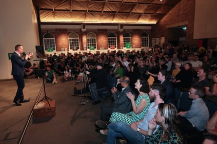 Federal Greens leader David Shoebridge rallies the faithful in Melbourne on Thursday.