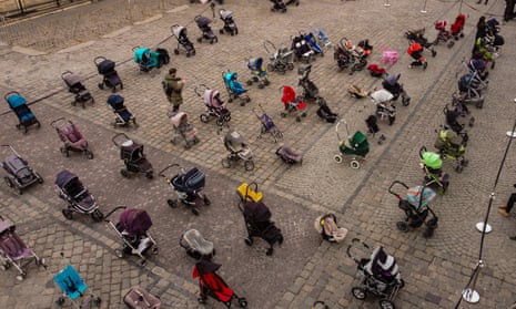 The sight is peaceful, but its meaning is profoundly sad: 109 strollers, arrayed in neat rows in Lviv’s historic Rynok Square.