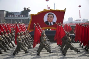 North Korean soldiers march in Kim Il-sung Square