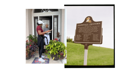 A woman speaking with an older woman at her front door (left), a historical marker marking a freetown