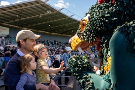 Rum’un, the Tasmania Devils mascot, interacts with fans during the round two VFL game against Port Melbourne.