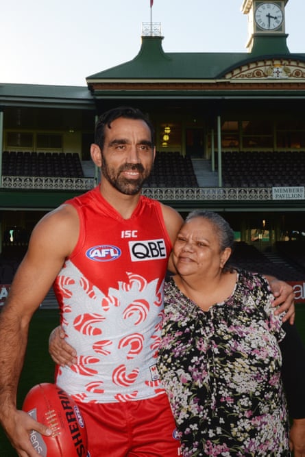 Adam Goodes with his mother Lisa Sansbury, unveiling the Sydney Swans’ first ever Indigenous Round guernsey in May.