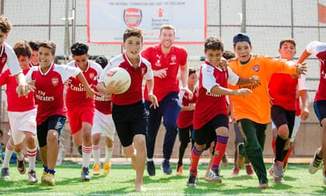 Per Mertesacker launches the new Save the Children coaching program with at Zaatari refugee camp in the north of Jordan, near the border with Syria.