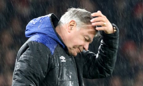 The rain pours down on Sam Allardyce during the 5-1 defeat at Arsenal last Saturday, a loss which the Everton manager has reassessed after his initial reaction of ‘crap’ and ‘pathetic’.