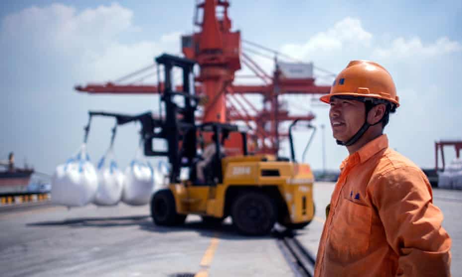 A worker at a port in Zhangjiagang, China