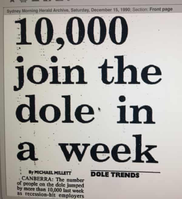 A 1990 headline from the Sydney Morning Herald reading '10,000 join dole queue in a week'