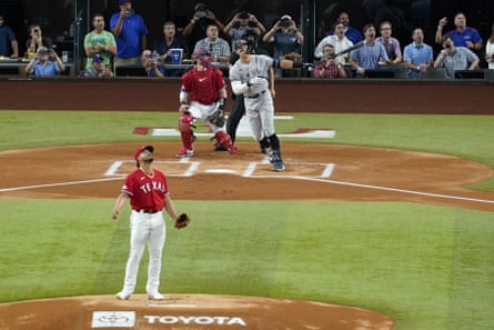 The Yankees’ Aaron Judge connected on his 62nd home run off the season off the Rangers’ Jesús Tinoco on Tuesday night in Arlington, Texas.