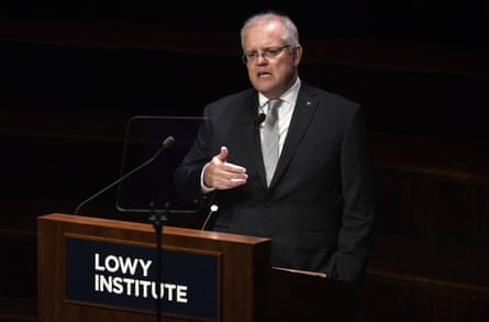 Prime minister Scott Morrison delivers the Lowy Institute Lecture at Sydney Town Hall