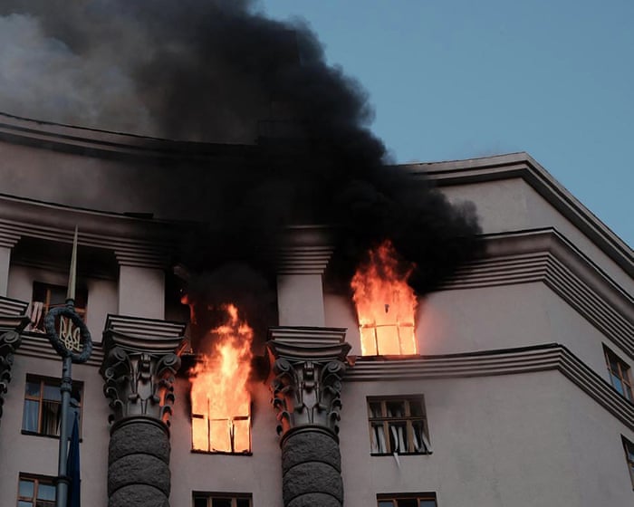 Largest Russian air attack of war sets fire to Ukrainian cabinet building