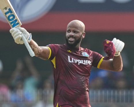 West Indies' John Campbell celebrates his century during the second ODI against India