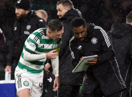 Callum McGregor of Celtic and Celtic manager Wilfried Nancy are seen during the Premier League match between Celtic and Heart of Midlothian at Celtic Park on December 07, 2025 in Glasgow, Scotland.