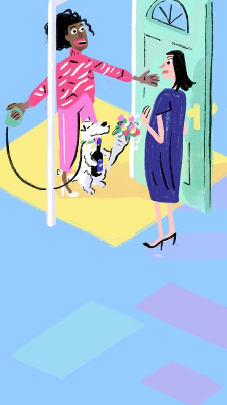 Illustration of a woman arriving at another woman’s front door with a dog