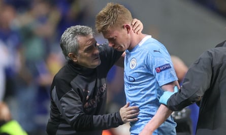 Kevin De Bruyne’s night ended with a black eye, substitution and a runner’s-up medal following a challenge from Antonio Rüdiger.