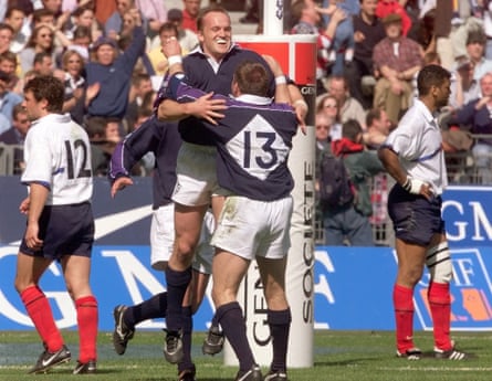 Gregor Townsend jumps for joy after scoring Scotland’s third try against France in Paris in 1999