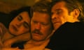 Still from Kinds of Kindness, with close-ups of (left to right) Margaret Qualley, Jesse Plemons and Willem Dafoe