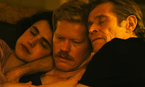Still from Kinds of Kindness, with close-ups of (left to right) Margaret Qualley, Jesse Plemons and Willem Dafoe