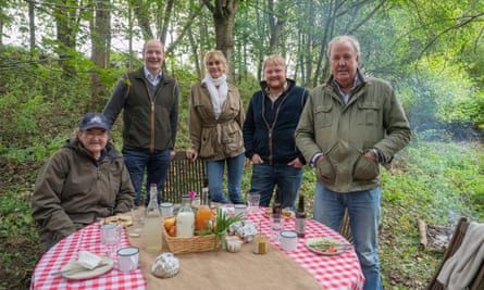 From left: Gerald Cooper, Charlie Ireland, Lisa Hogan, Kaleb Cooper and Jeremy Clarkson in Clarkson’s Farm.