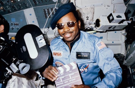 Ronald McNair with the camera he used to capture footage of the first ever untethered spacewalk by Bruce McCandless, during the Space Shuttle Challenger mission.