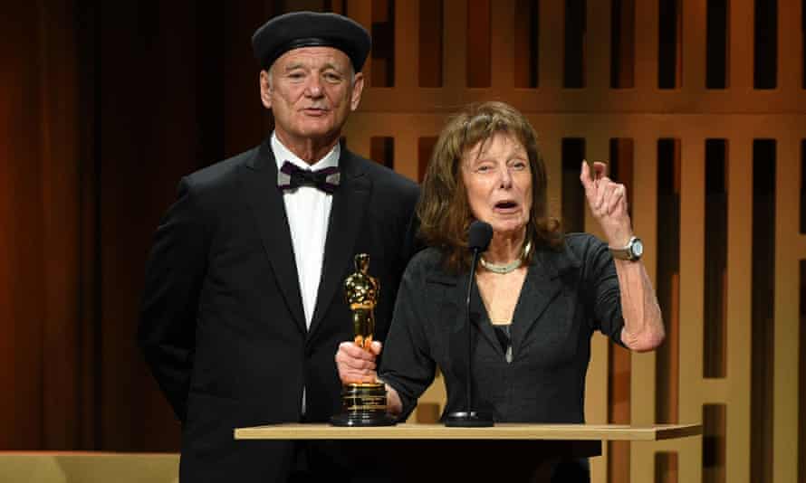 Elaine May, right, receiving an honorary Oscar from Bill Murray