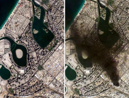An aerial view of a city next to another aerial view of a city that has been attacked by missiles