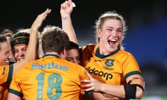 Australia’s Kaitlan Leaney of Australia celebrates the Wallaroos’ WXV1 victory over Wales in Auckland.