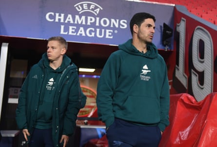Mikel Arteta (right) and Oleksandr Zinchenko take in their surroundings at the Philips Stadion