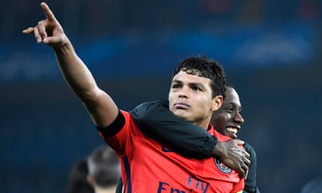 PSG’s captain Thiago Silva celebrates after his goal knocked Chelsea out of the Champions League