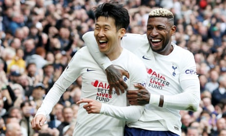 Son Heung-min celebrates with Emerson Royal after scoring Tottenham’s third goal of the game