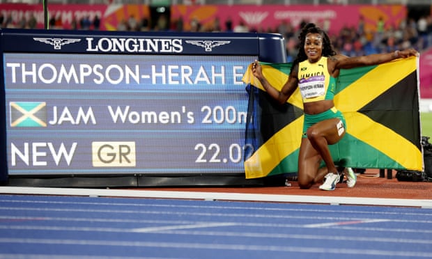 Jamaica's Elaine Thompson-Herah celebrates 200m gold in a new Commonwealth Games record.