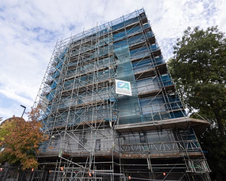 Archway Heights seen from a distance, covered in scaffolding