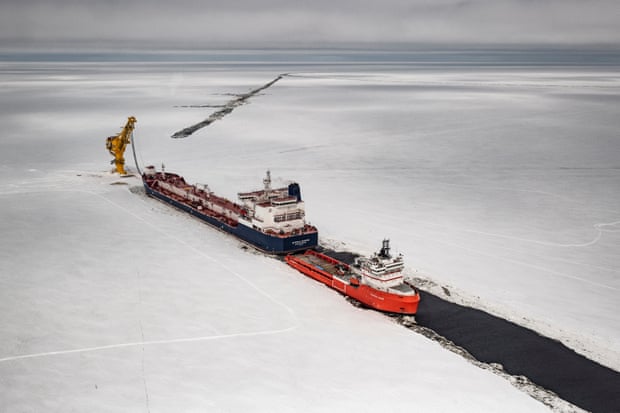 The Gazprom Neft Arctic Gate terminal and Novy port tanker in the Gulf of Ob, Cape Kamenny