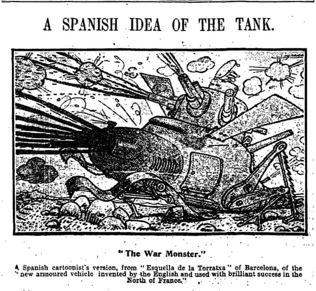 A Spanish cartoon, published in the Manchester Guardian 9 October 1916, imagining how a tank might look. Photographs of the new machines did not emerge in the paper until November.