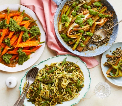 Chantelle Nicholson plant-based sharing plates (left to right): roast carrots with pesto and almonds, burnt pea, chilli and tarragon spaghetti, miso roast leeks with lentils and herby olive sauce. 
