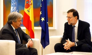 Mariano Rajoy, the Spanish prime minister, and Guterres speak during a meeting at La Moncloa palace in Madrid.