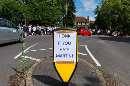 A protest outside the home of Ron Martin, owner of Southend United, in July 2023.