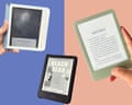 three e-readers against blue and peach background